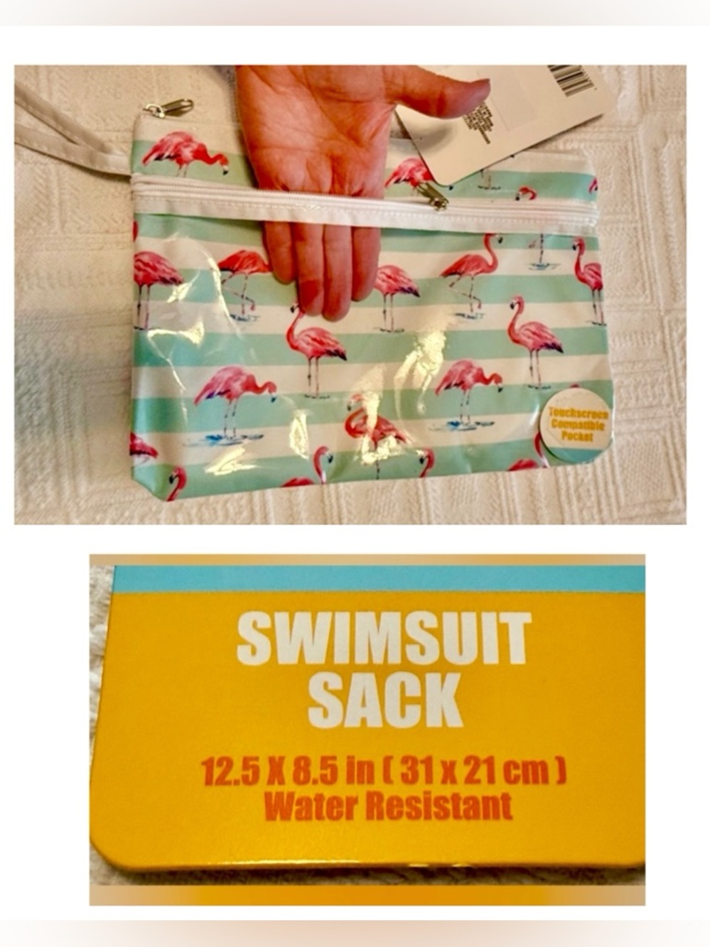 Swimsuit sack water resistant pouch New - Outside zip pocket 12.5x8.5 Flamingo